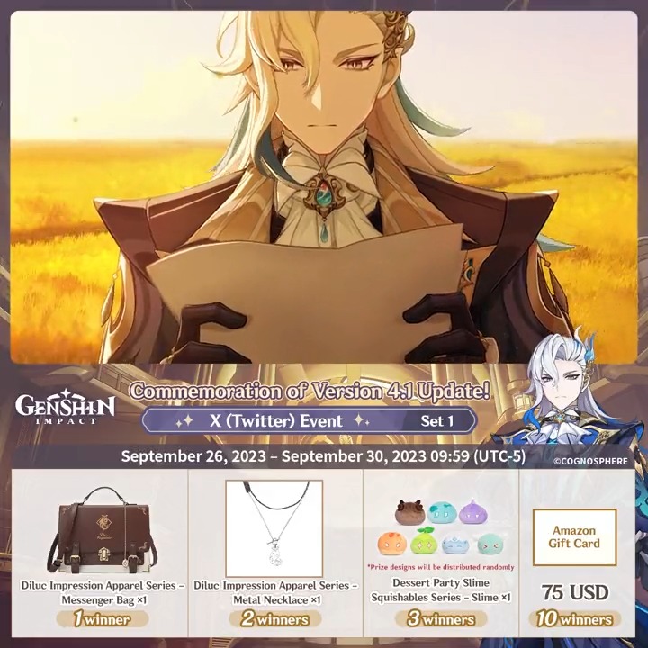 ✨Final Day✨ Commemoration of Version 4.1 Update! #GenshinImpact3Years X (Twitter) Event - Set 1 How to Participate: ① Follow Genshin Impact ② Retweet this post And you can instantly receive the event results! Event Rules: #FollowGenshinImpact