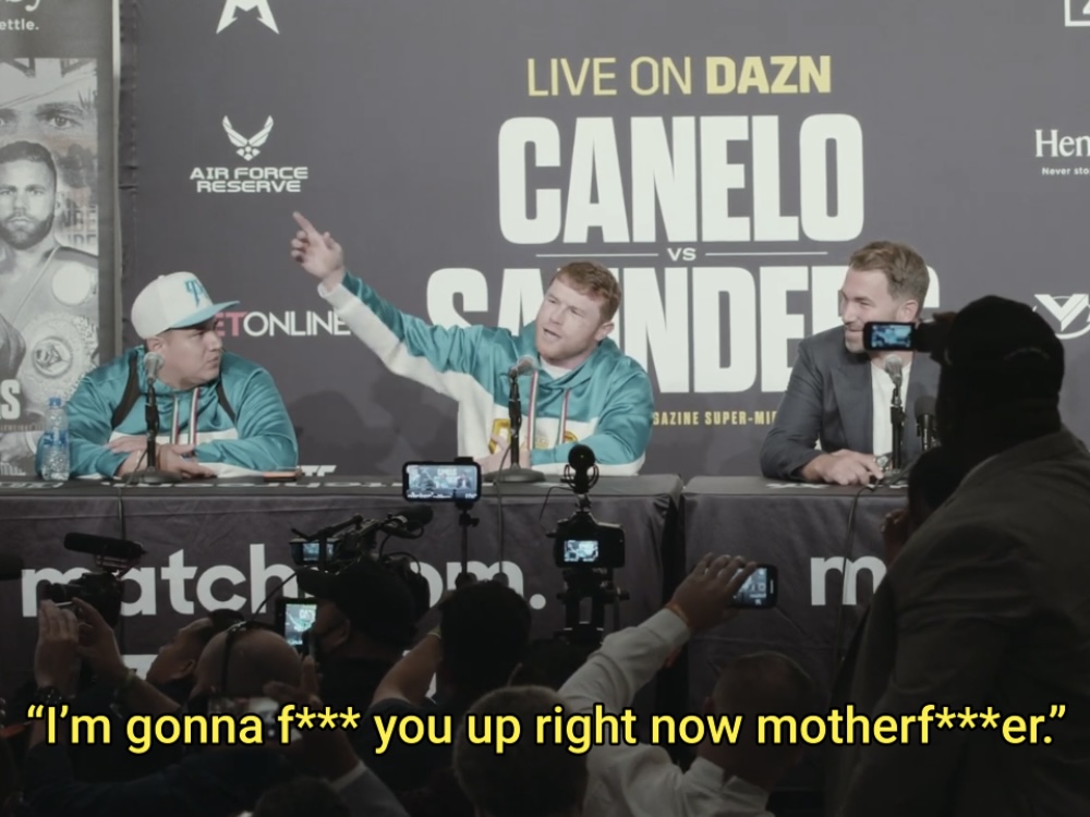 One of the first times Canelo Alvarez spoke fluent English was ripping into Demetrius Andrade for crashing his presser after he beat Billy Joe Saunders: "Get the f*** out of here because I'm gonna f*** you up right now motherf***er." [🎥 Matchroom Boxing]