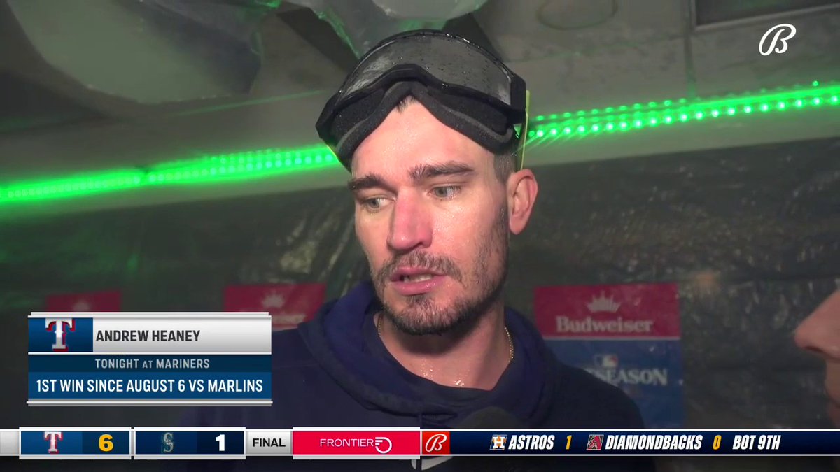"This team is resilient, these guys care, they put the work in and it's just a great feeling and we're not done yet." Andrew Heaney who was a MEANIE on the mound tonight 😈 Texas Rangers | #StraightUpTX | 📺: BSSW |