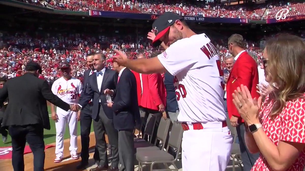 Yadier Molina and Albert Pujols are at Busch Stadium to celebrate the career of Adam Wainwright. #STLCards