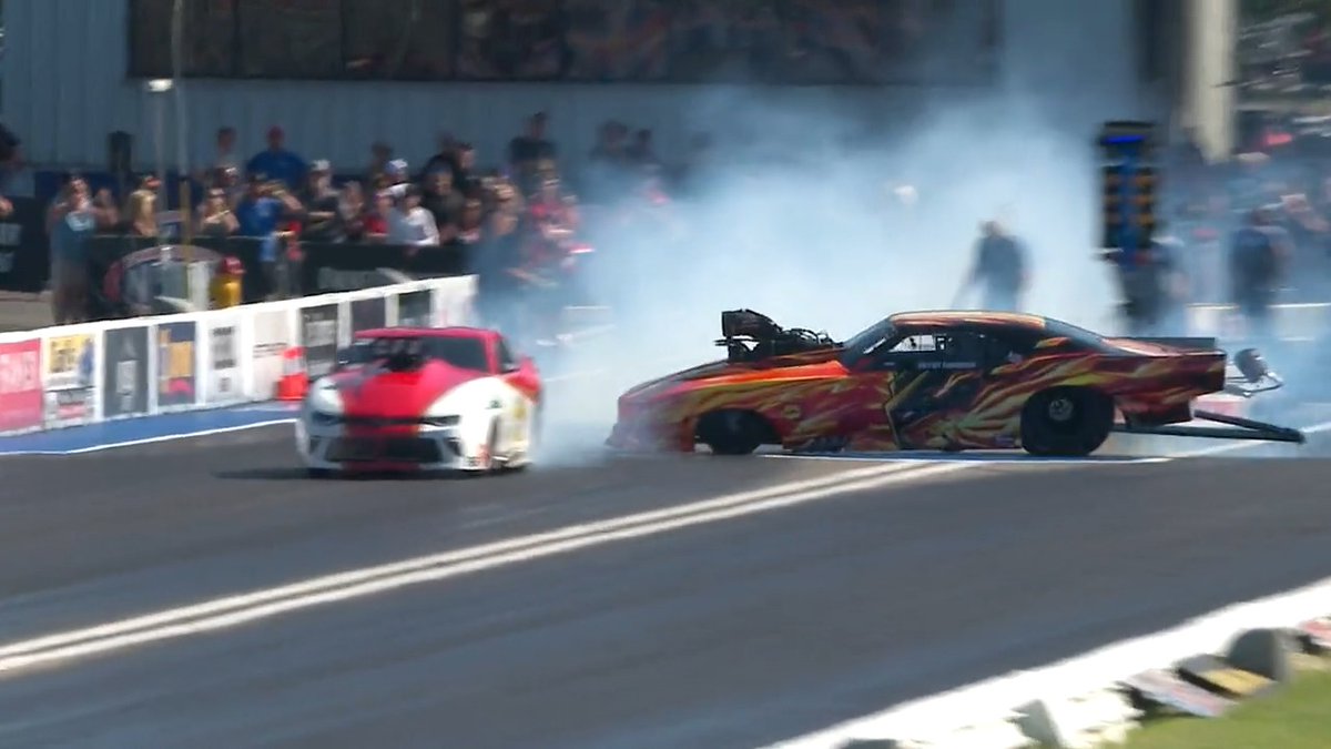 It was a wild ride for Dymtry Samorukov after his car took a hard turn into the wall during the burnout at the #MidwestNats.