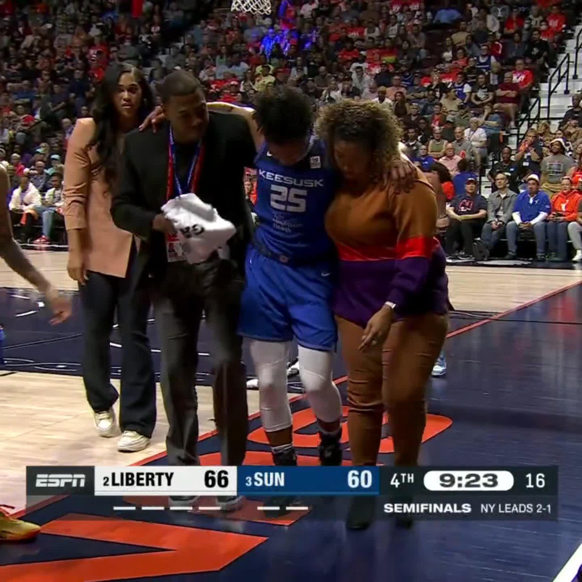 Alyssa Thomas headed back to the locker room after taking a fall on this play.
