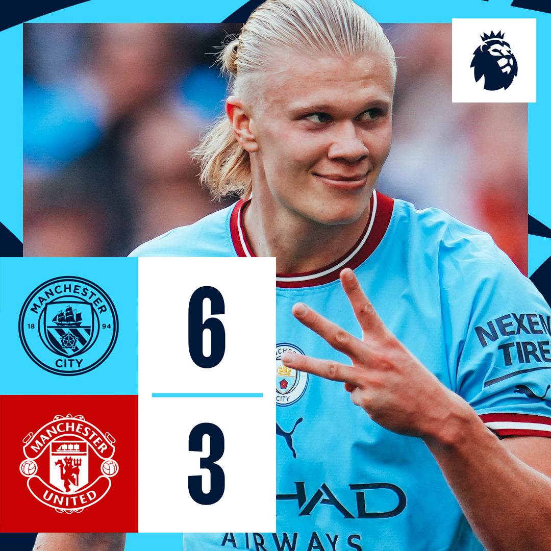 #OnThisDay: #ManCity 6-3 Manchester United [2022] ⚽️ [8', 44', 73'] Phil Foden ⚽️ [34', 37', 64'] Erling Haaland - ⚽️ [56'] Antony ⚽️ [84', 90+1' P] Anthony Martial