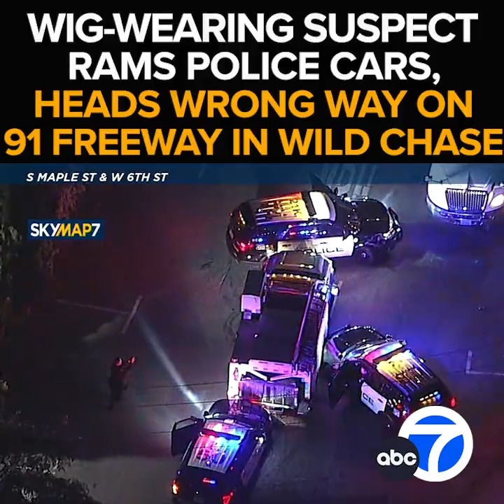Wigs fly as a wild pursuit of a stolen work truck comes to a crashing end in Corona. The suspect ramming police cars and crashing through a fence before careening the wrong way onto the 91 Freeway. @ABC7ChrisCristi with the chase - Tonight at 11 from ABC7
