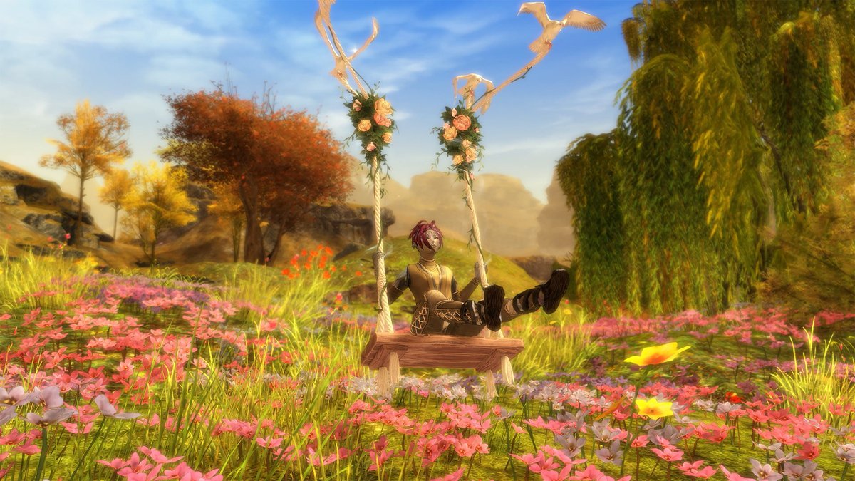 Disguise your true power as you journey throughout Tyria with the Traveler's Appearance Package. Then, embrace serenity with the Gentle Garden Swing Chair Glider Combo! All new in the #GuildWars2 Gem Store: