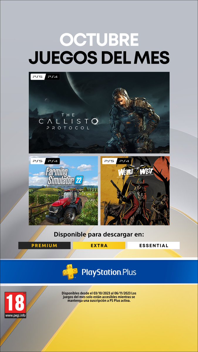 ¡Descarga YA los #JuegosDelMes de OCTUBRE! 😨 Golpea y sobrevive en #TheCallistoProtocol. 🚜Planta los mejores tomates en #FarmingSimulator22. 🤠Sobrevive al extraño y salvaje Oeste de #WeirdWest. Ray Snakeyes te lo cuenta todo sobre ellos 🎙️👉