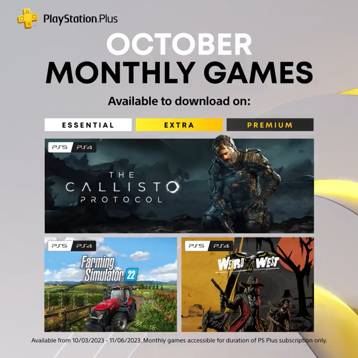 ➕ Your PlayStation Plus Monthly Games for October are available today. Find out more about The Callisto Protocol, Farming Simulator 22, and Weird West: