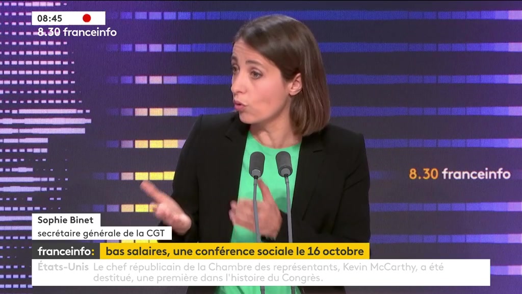 🔴 “En France, on n’a pas une boucle prix-salaires, on a une boucle prix-profits.” "La CGT porte le SMIC à 2000 euros bruts” et “l’indexation des salaires sur les prix”, dit Sophie Binet. #8h30franceinfo