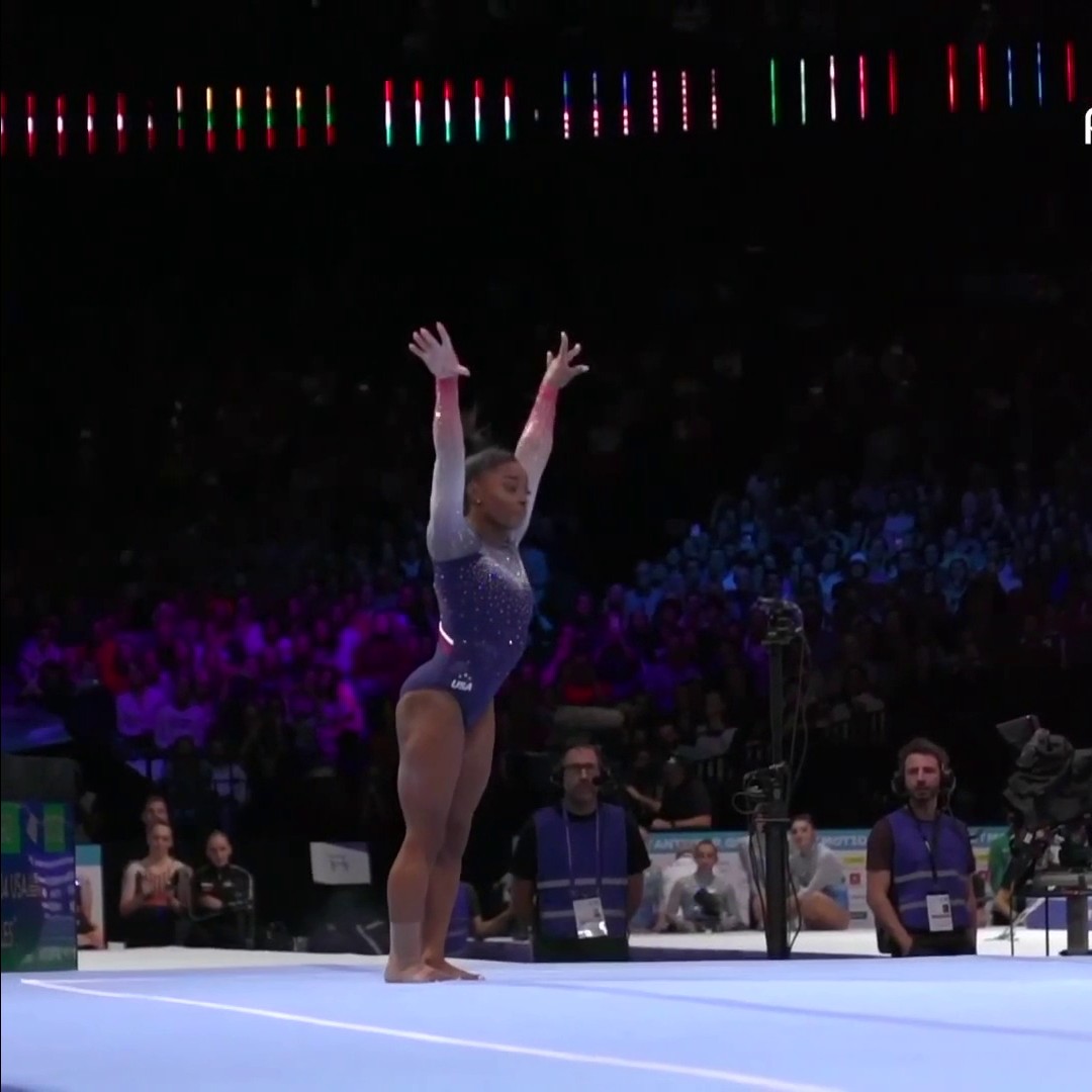 This is even MORE incredible in slow motion. ๐ณ A closer look at Simone Biles' floor routine that secured the U.S. to become the only team in history to win 7 consecutive world team titles. #Antwerp2023