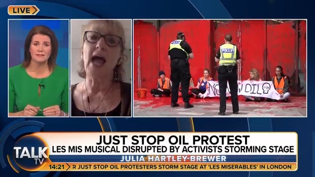 Just Stop Oil’s Fiona Atkinson: “At what point are your audience going to say ‘why did you misinform us, Julia?’ Is it going to be the bit where the waves are going over their houses?” Julia: “Do you realise that most of the things you say have no backing in fact?” Julia Hartley-Brewer