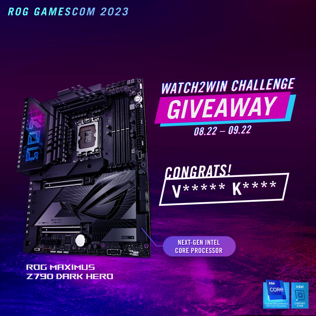 🎉Meet the winners of Gamescom Watch2Win Challenge, congrats to all of you! Keep a lookout as we will contact you via email. 😉 😎Thank you for your participation in our giveaway, stay tuned for more! #roggamescom23 #Intel #NEWZ790 #IntelNextGenProcessor #NeverStopGaming