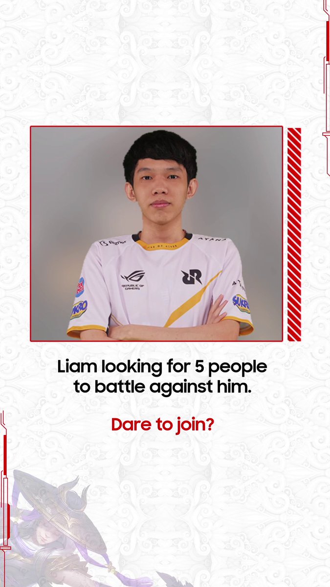Calling out all the Mobile Legend enthusiasts! Liam menantang kamu untuk mabar 1 vs 5 pakai #GalaxyS23 Ultra 5G! RT & Reply tweet ini, dengan tantangan apa yang ingin kamu berikan ke Liam, sertakan #PlayGalaxy, #SharetheEpic, #GalaxyS23 Ultra 5G, #Epic1VS5Match. Sampai 10 Okt!