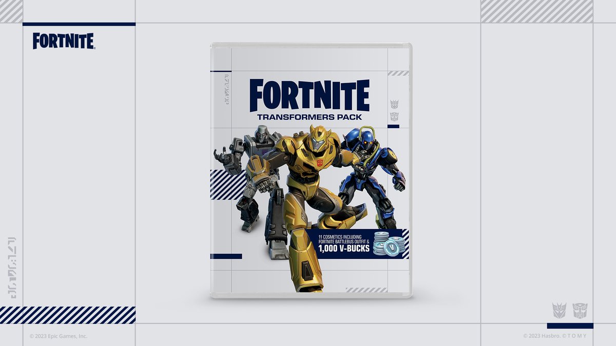 Roll out, Rise up, or Beep Beep with the Fortnite Transformers Pack! The Pack includes: 3 new Outfits 3 new Back Blings 3 new Pickaxes 2 new Emotes 1,000 V-Bucks Grab it at select retailers starting Oct 13 or digitally starting Oct 20!