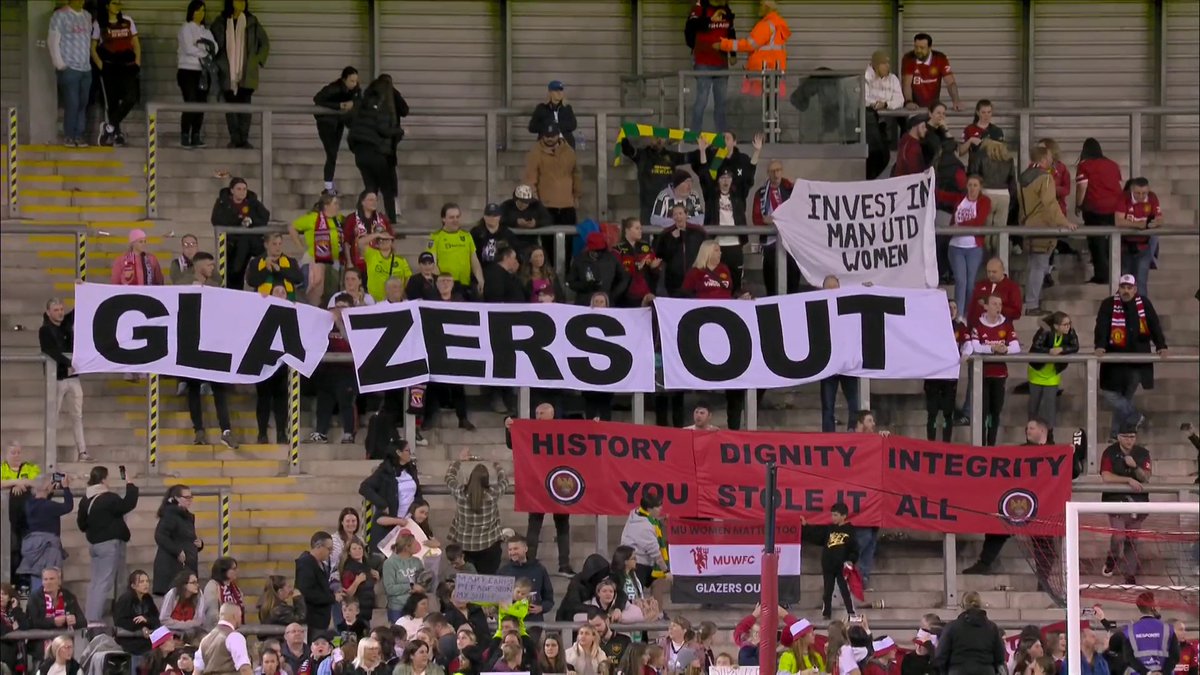 Fans protested against the Glazer ownership at Leigh Sports Village as Manchester United hosted Arsenal in the WSL.