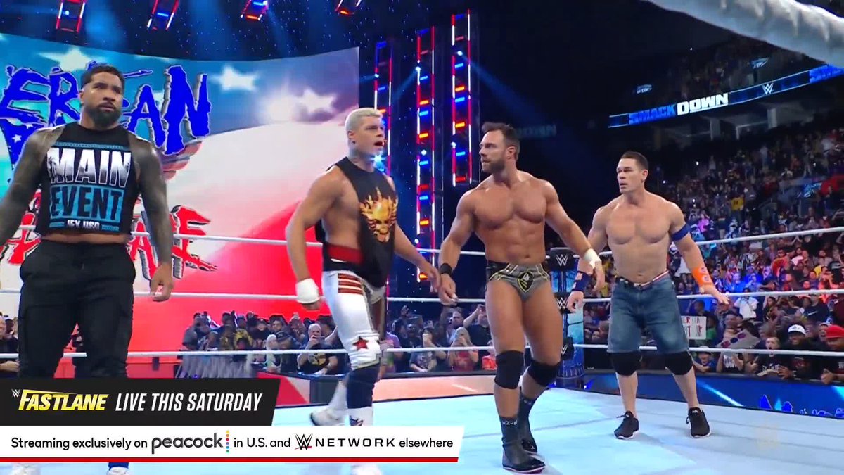 THEY'RE NOT ALONE! 🔥🔥🔥 Cody Rhodes and Jey The Usos have arrived to help John Cena and LA Knight battle #TheJudgmentDay AND #TheBloodline! IS THIS A PREVIEW FOR WHAT'S TO COME TOMORROW NIGHT AT #WWEFASTLANE? #SmackDown