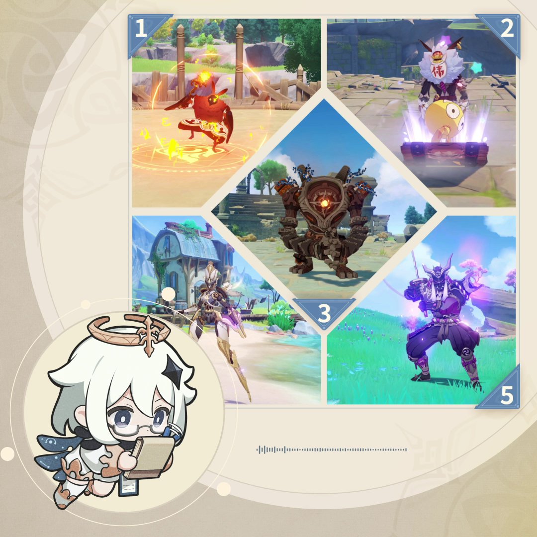 "I Know That Sound..." Round 2 Hi Travelers! It's time for the second round of the quiz! Leave a comment including #SoundsOfGenshin and the numbers that correspond to the correct answers to participate! You'll all receive a little gift before the next round of the event begins!