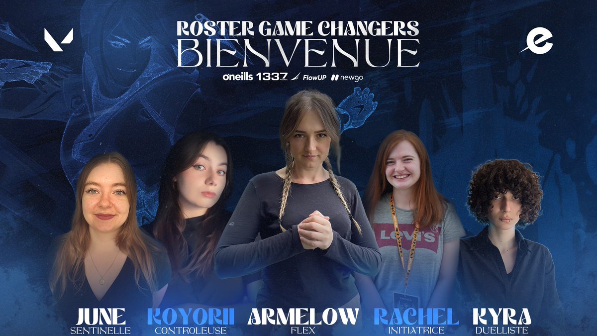 Des déesses ont rejoint l'arène. Faites place à Gaïa, notre line-up Valorant Game Changers ! 🔥 🔹 June 🔸 koyorii 🔹 @Armel0w 🔸 @rachell_VL 🔹 @kyracujoh Rendez-vous lundi pour le qualifier des VCT Game Changers Contenders Series 3 ⚔️ #GetExalted 💙💜