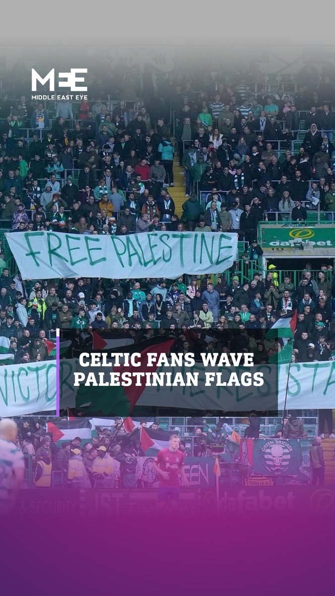 Fans of Celtic FC, known for their longstanding support of Palestine, waved Palestinian flags in a show of solidarity during today's Scottish Premiership match at Celtic Park.