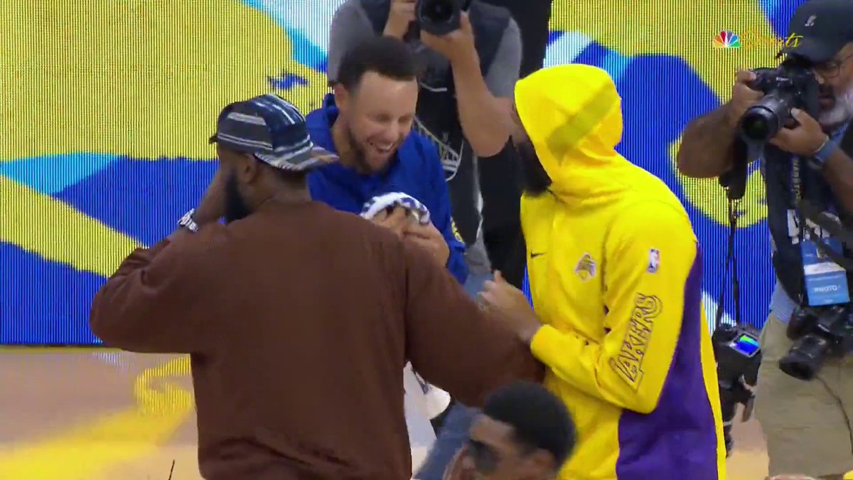 Steph, LeBron, and AD sharing a laugh post game 😂