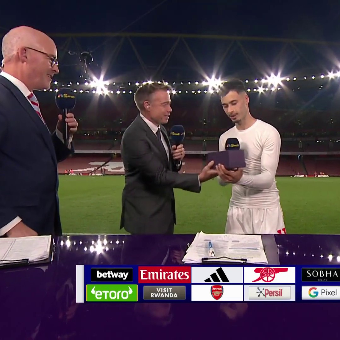 After scoring the game-winning goal against Man City, Arsenal's Gabriel Martinelli is named the Player of the Match and reveals his celebration plans. #ARSMCI