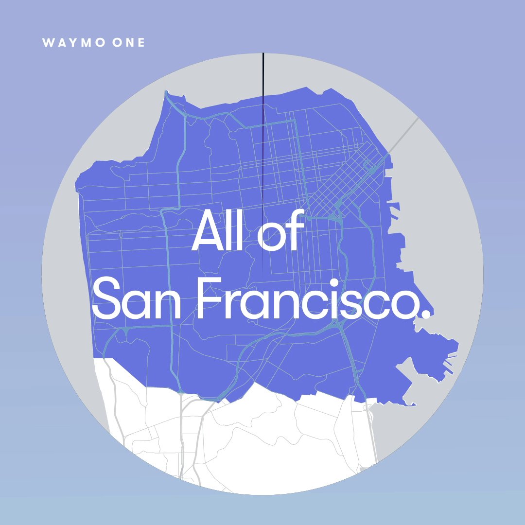 SF, you asked, and we listened. Beginning today, riders can use Waymo One across our expanded service area—covering nearly 47 square miles of the city. We can’t wait to see all the places you choose to ride with Waymo One!