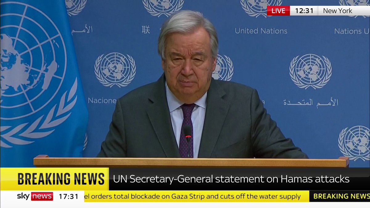 "Nothing can justify these acts of terror and the killing, maiming and abduction of civilians." UN Secretary General, Antonio Guterres, delivers a statement on the Israel-Hamas war. Follow live updates: 📺 Sky 501, Virgin 602, Freeview 233 and YouTube