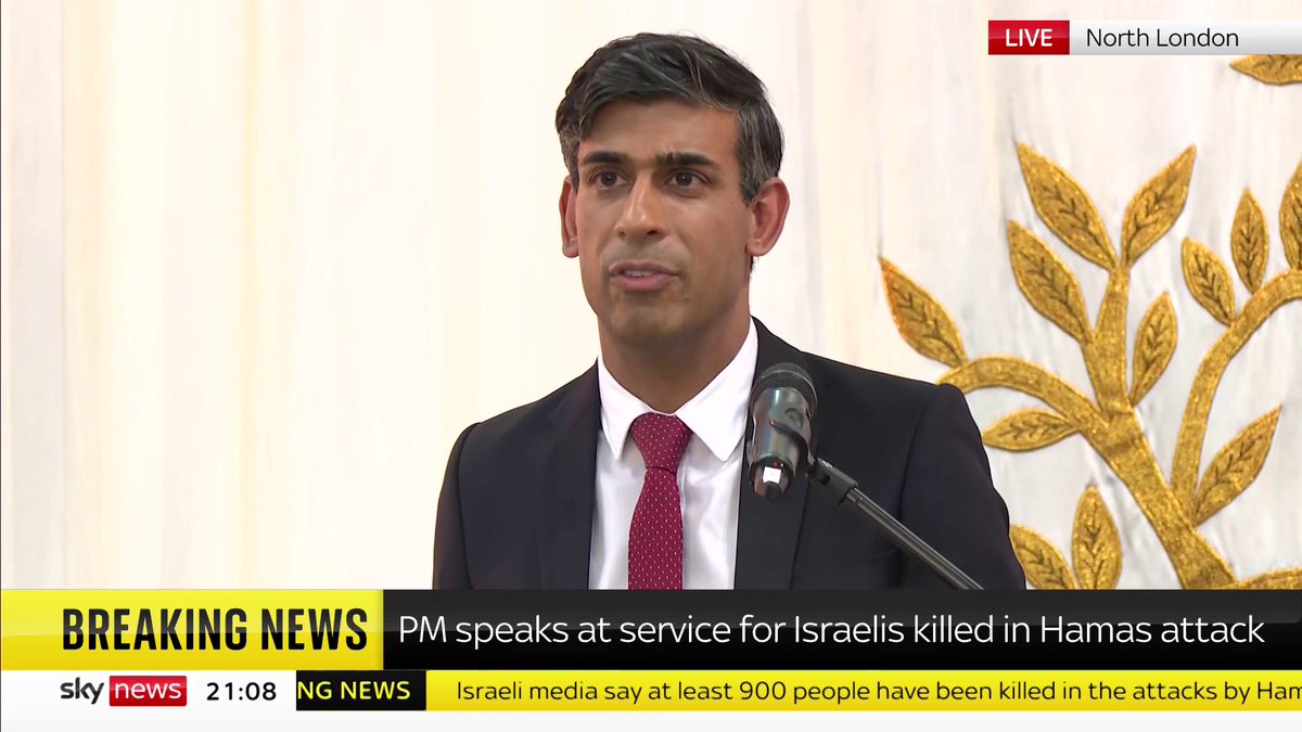 "They are not militants. They are not freedom fighters. They are terrorists." PM Rishi Sunak delivers an address at a vigil for Israel victims in a London synagogue, saying "the people who support Hamas are fully responsible for this appalling attack".