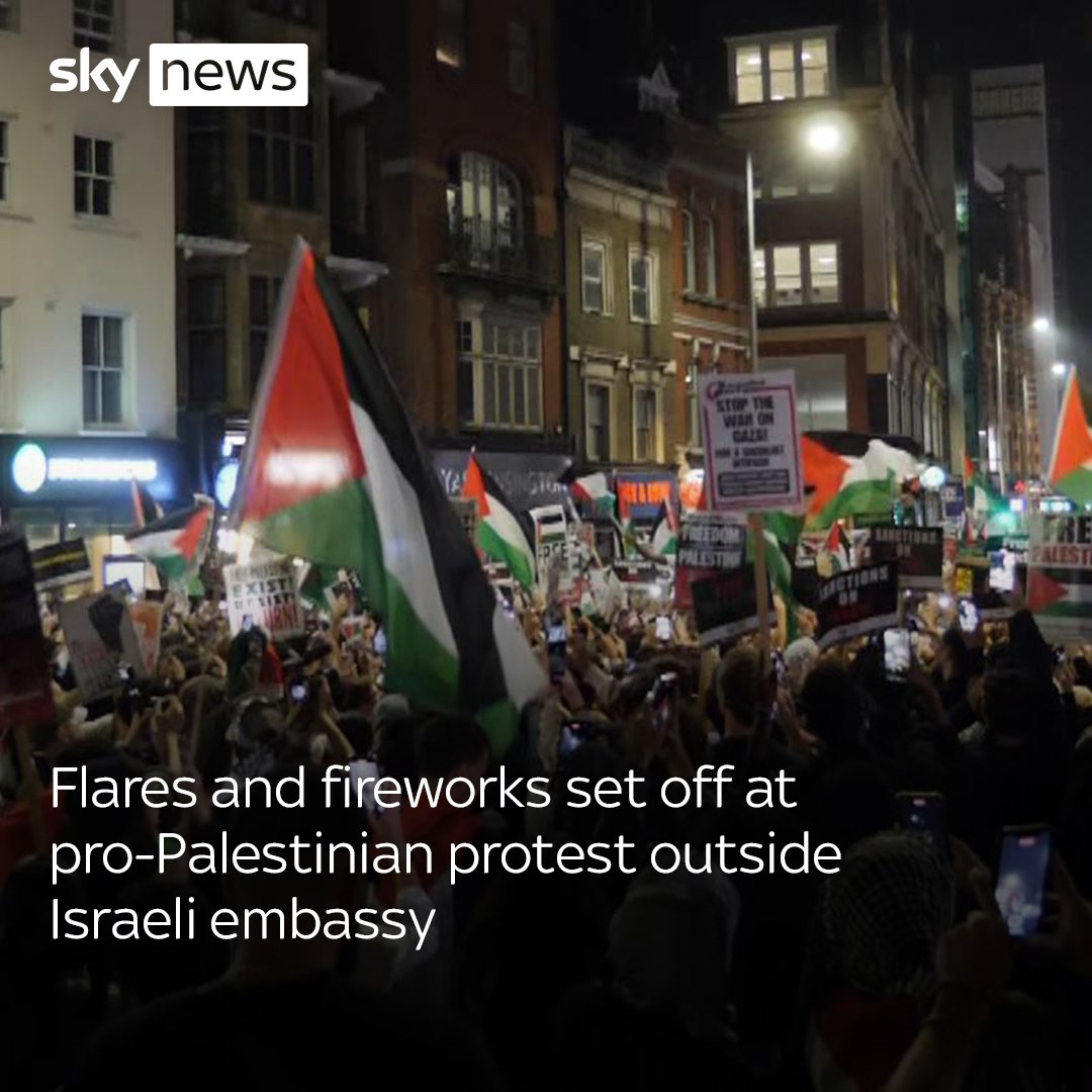 A pro-Palestinian protest has taken place outside the Israeli embassy in London, with at least 5,000 people gathering at the demonstration