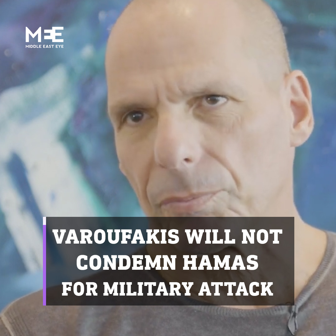“The criminals here are not Hamas.. The criminals are Europeans.“ Yanis Varoufakis, the Former Finance Minister of Greece, says he will not condemn Hamas for its attack on Israel and compares the siege imposed on Gaza to the apartheid in South Africa