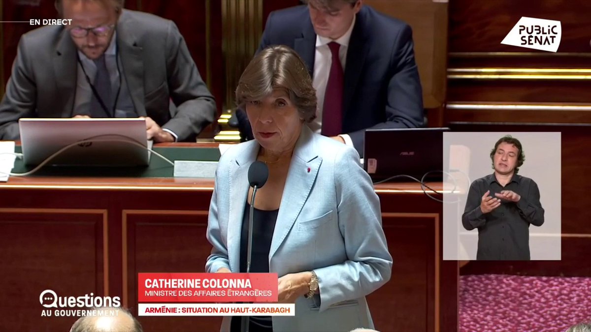 "Quelle que soit la manière dont il cherche à présenter la situation, oui, l’Azerbaïdjan a planifié et organisé l’exode de plus de 100 000 Arméniens du Haut-Karabagh. Il s’agit d'un crime qui ne peut rester sans réaction", assure Catherine Colonna #QAG