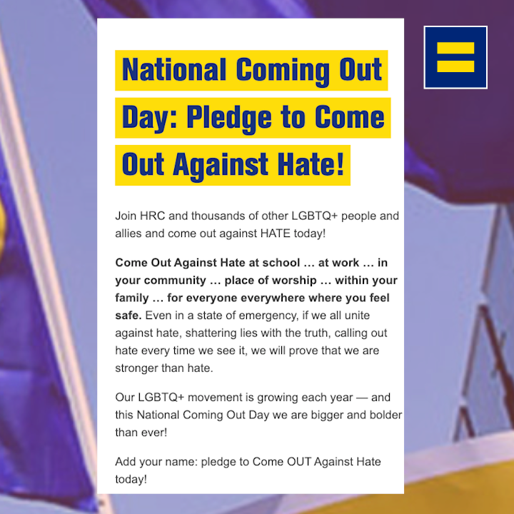 🚨 In a state of emergency for LGBTQ+ rights, we must act. 🚨 This #NationalComingOutDay, make your voice heard and Come Out Against Hate. Together, we are unstoppable. Join us: