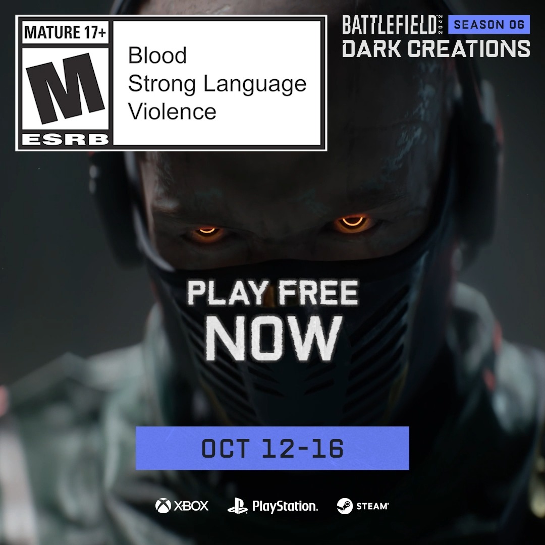 🚨 PLAY FREE NOW 🚨 Jump into #Battlefield 2042 now and Master the Unknown in Season 6: Dark Creations. Free Access is available on PC ⚫ Xbox 🟢 and PlayStation 🔵