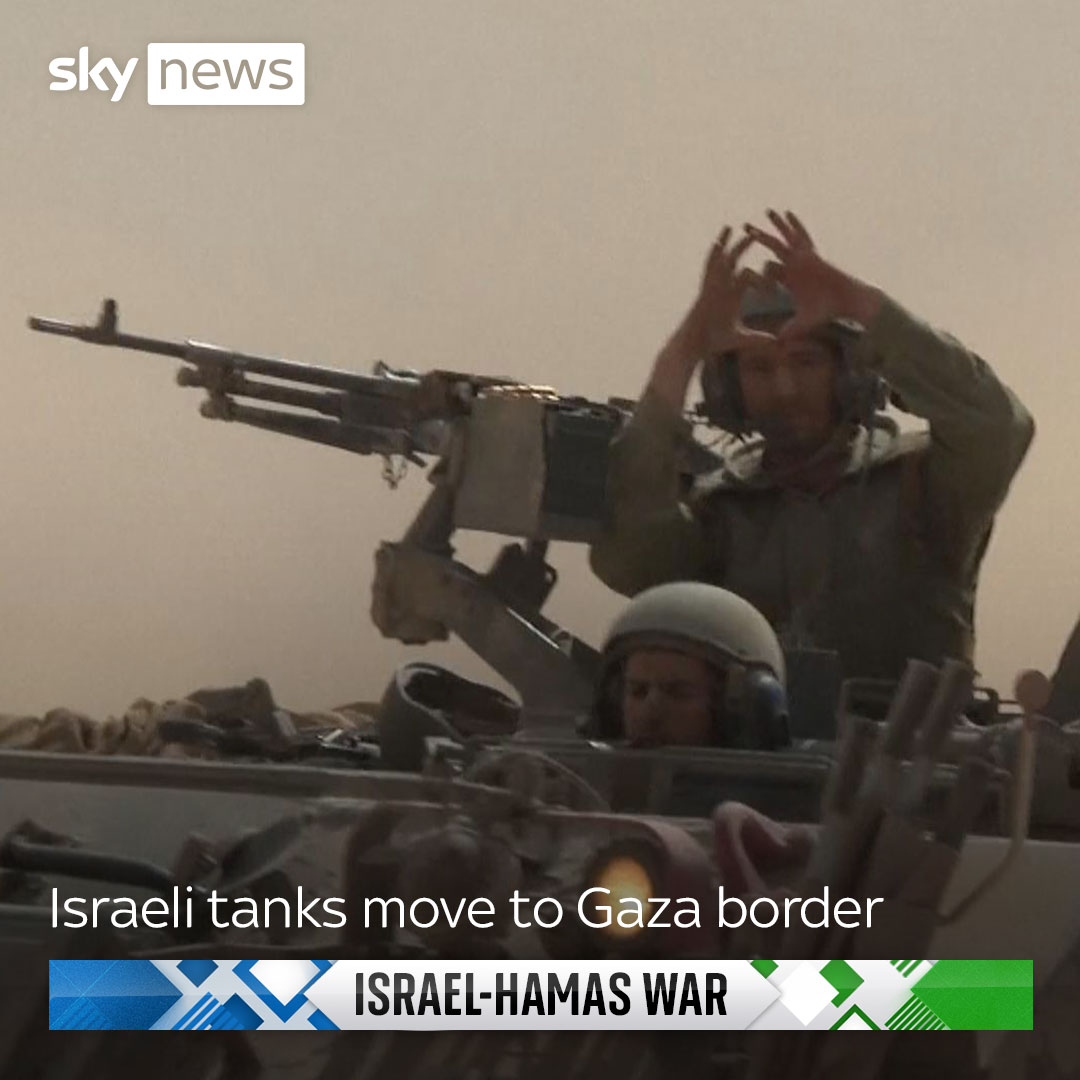 Footage shows Israeli tanks and armoured vehicles moving near the town of Ashkelon, near Israel's border with Gaza. Live: