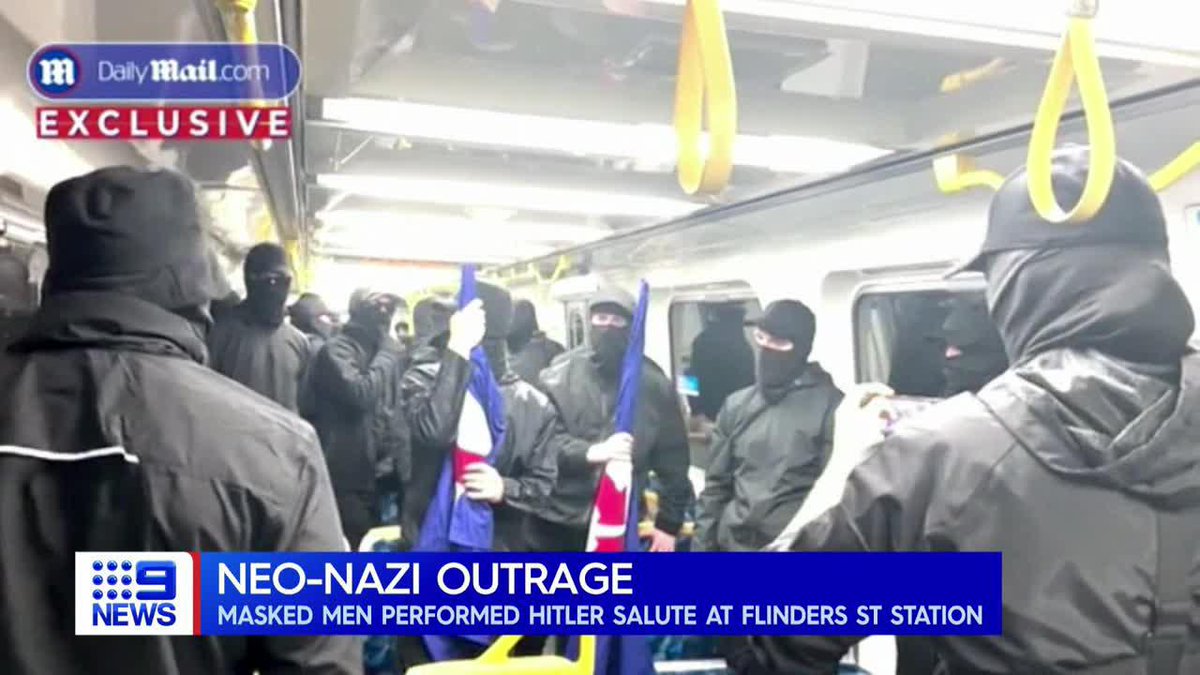 Disturbing pictures tonight of a group of neo-Nazis marching through Flinders Street Station. Mimi Becker #9News