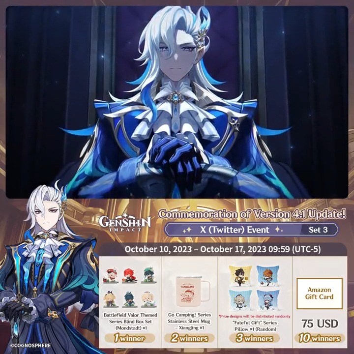 ✨Day 5✨ Commemoration of Version 4.1 Update! #GenshinImpact3Years X (Twitter) Event - Set 3 How to Participate: ① Follow Genshin Impact ② Retweet this post And you can instantly receive the event results! Event Rules: #FollowGenshinImpact