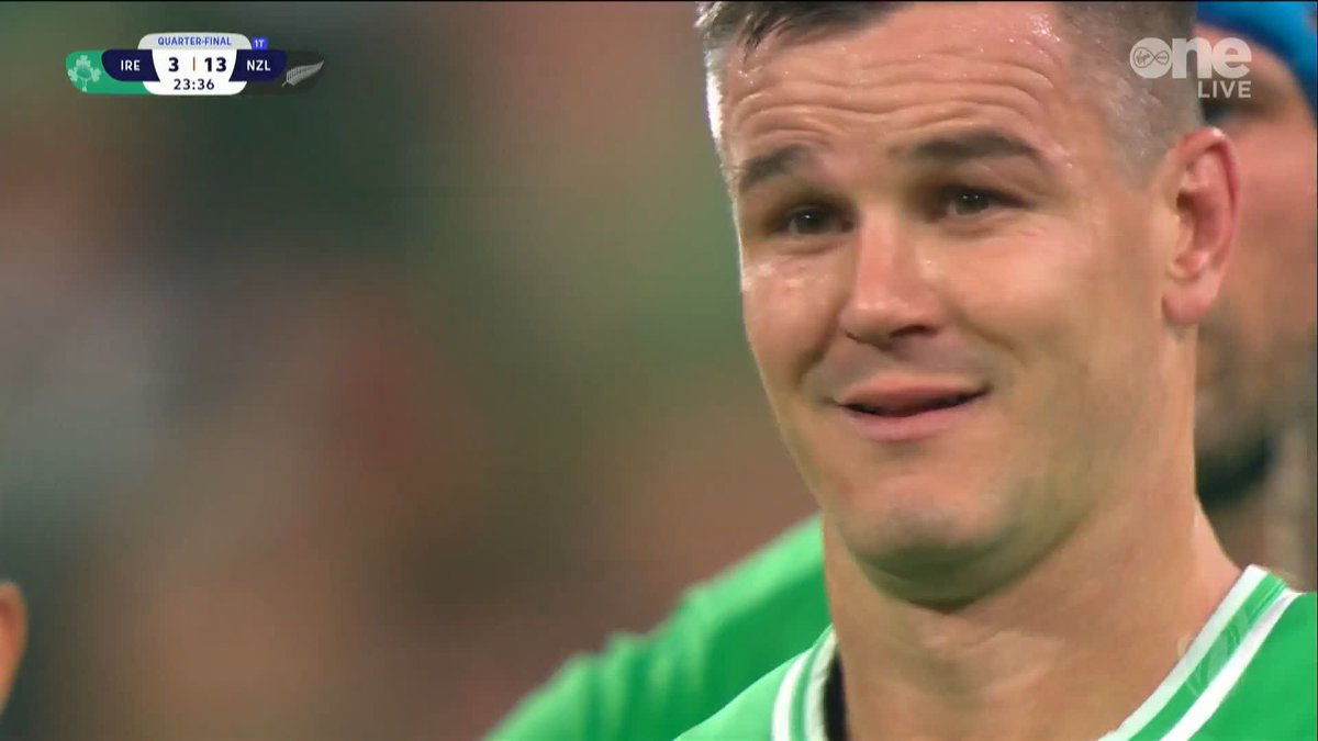 Johnny isn't happy. No card for a high challenge on Bundee Aki. #IREvNZL | #RWC2023
