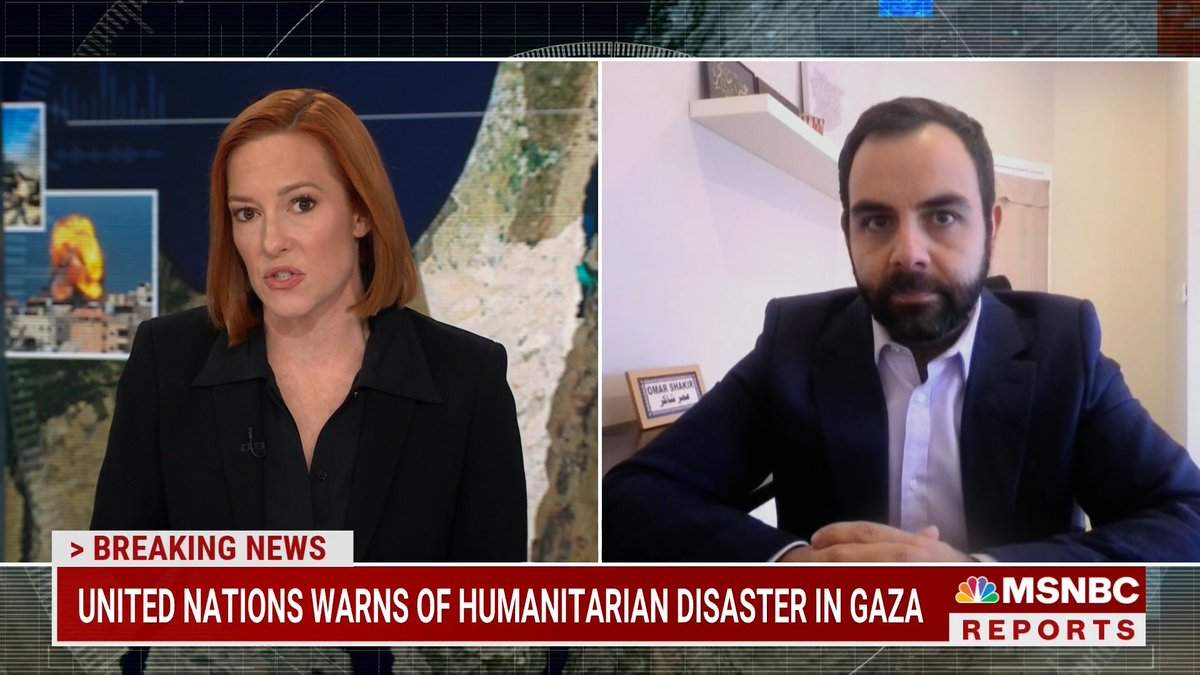 Israel/Gaza: “There’s no safe place to go. Yesterday there was an airstrike that killed 70 people taking one of the designated safe routes out. The hospitals are overwhelmed.” Omar Shakir speaks with Jen Psaki, host of Inside with Jen Psaki on MSNBC