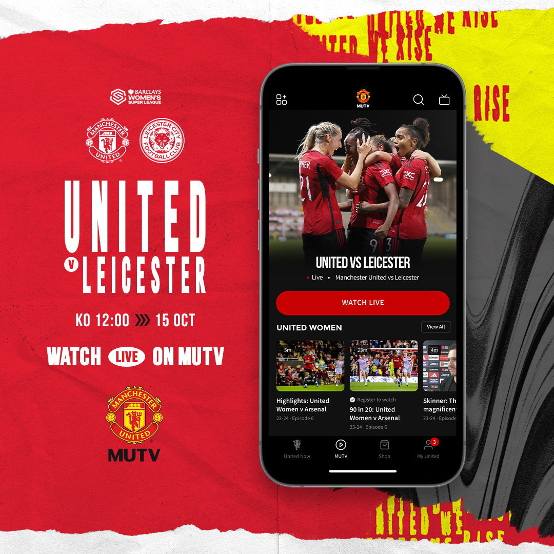 🎥 Coming up on #MUTV: LIVE #WSL action (UK/IRE only)! Tune in from 12:00 BST to watch Manchester United Women take on Leicester 🔴⚔️🔵 #MUFC || #MUWomen
