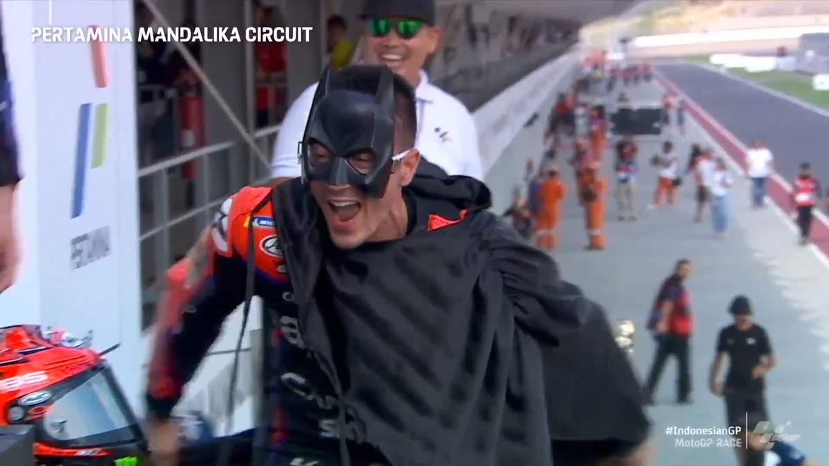 Batman on the podium! 😅 We're gonna need an explanation on that one, Mav! 😂 #IndonesianGP 🇮🇩