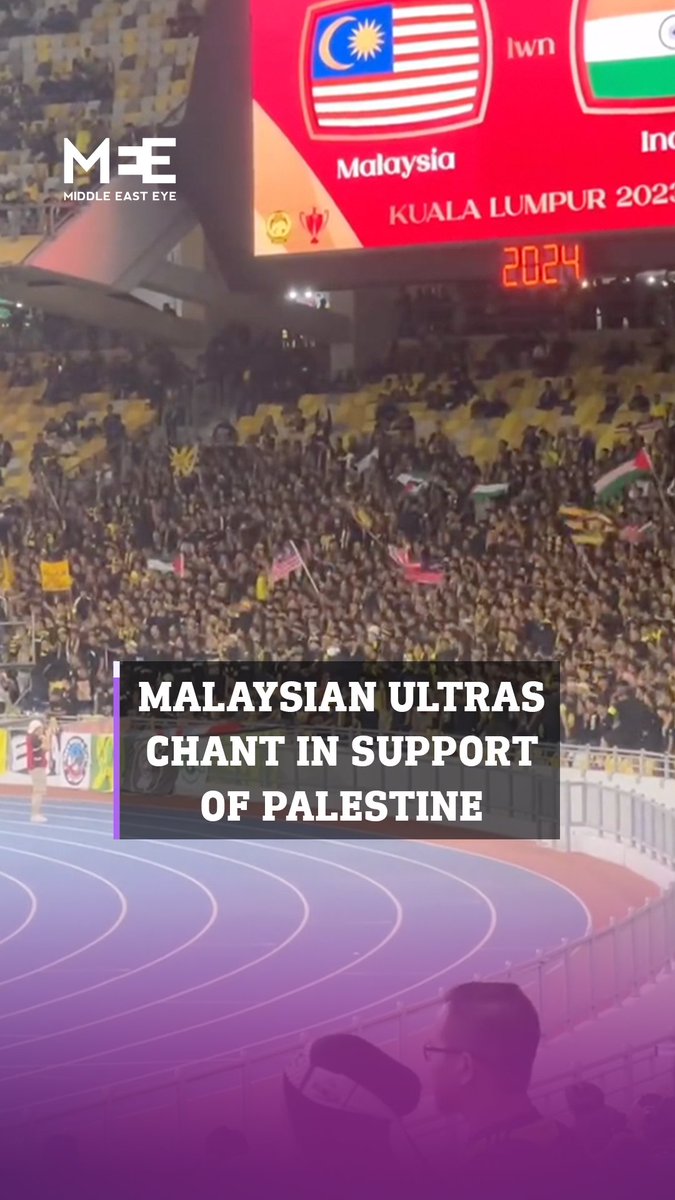 Ultras Malaya chant in solidarity with Palestinians in a football game between Malaysia and India. The game ended with India losing 4-2 to the hosts in the Merdaka Cup semi-finals. Credit: @eradotje