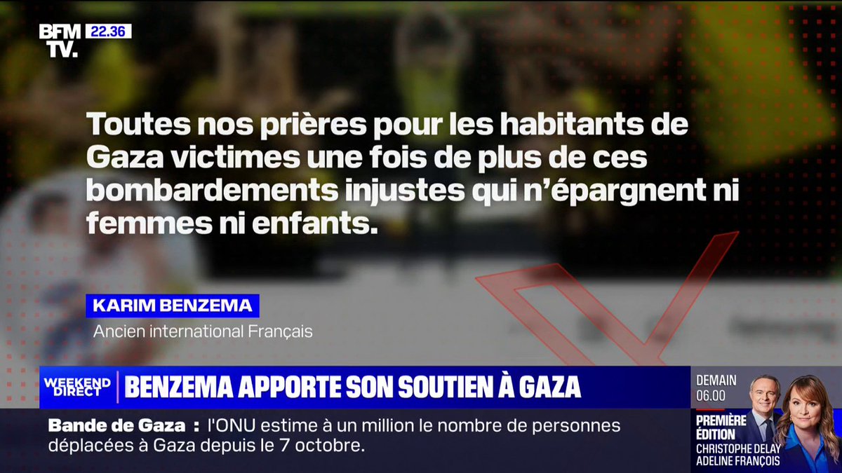 💬 "Toutes nos prières pour les habitants de Gaza" ➡️ Karim Benzema, ancien international français, apporte son soutien à Gaza