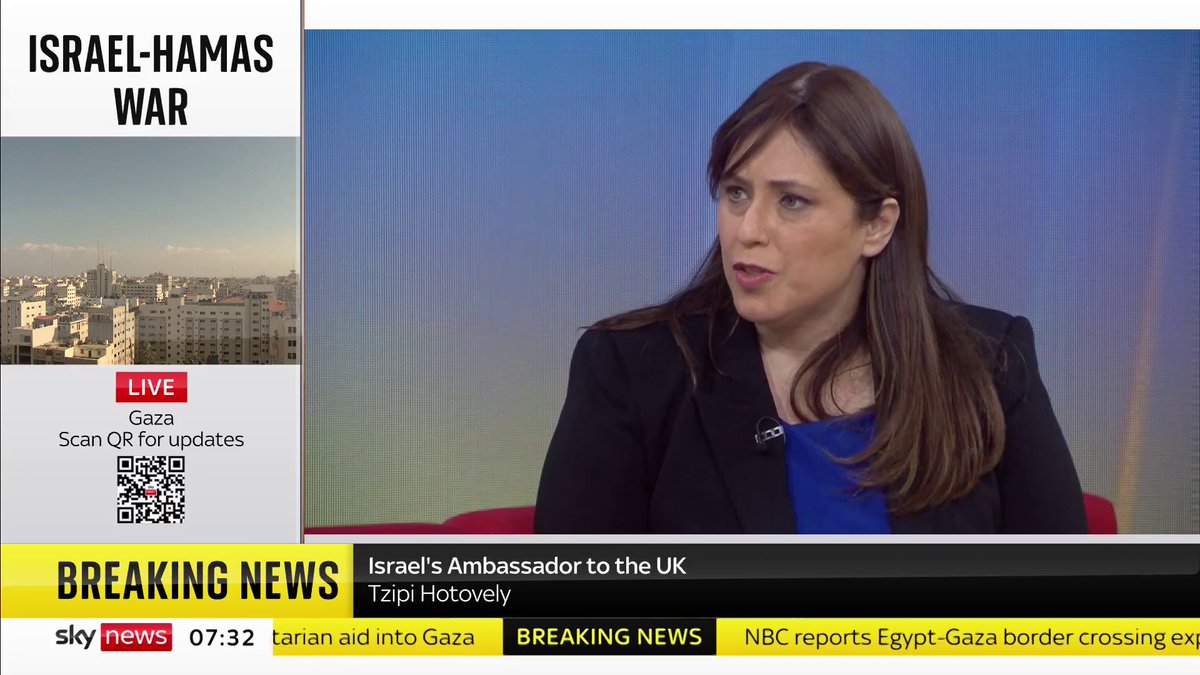 "Hamas need to pay the price." Israel's ambassador to the UK Tzipi Hotovely claims "there is no humanitarian crisis" in Gaza, adding that Israel is working to "make sure all Palestinian civilians will be safe". Live: 📺 Sky 501, Virgin 602 and YouTube