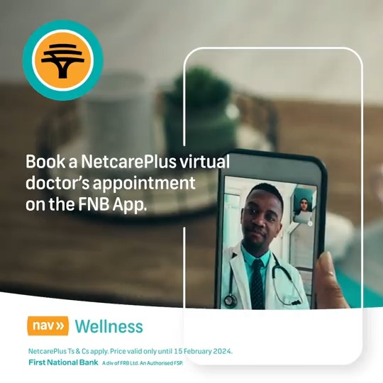 Your next virtual doctor appointment costs 50% less with nav» Wellness. 🌸 Book a NetcarePlus virtual doctor appointment on the FNB App for just R160, and get your script sent to you. #FNBnav