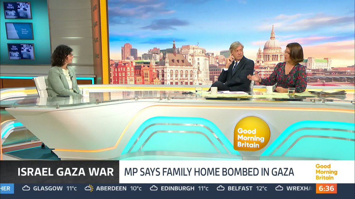 'I don't believe that it is right that my family are being held accountable for what Hamas has done.' Layla Moran is the first British-Palestinian MP &amp; she has family stranded in a church in Gaza City. Layla says her family have 'no food and no water' and 'have nowhere to go'.