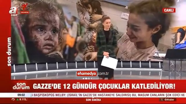 A Haber sunucusu gözyaşlarını boğuldu ▪️İsrail'in El-Ehli Hastanesine yaptığı hava saldırısına ilişkin detayları aktaran A Haber sunucusu Cansın Helvacı canlı yayında gözyaşlarına boğuldu. ▪️"Bu fotoğrafların önünde durmakta dahi utanıyorum. Biri buna artık dur desin."