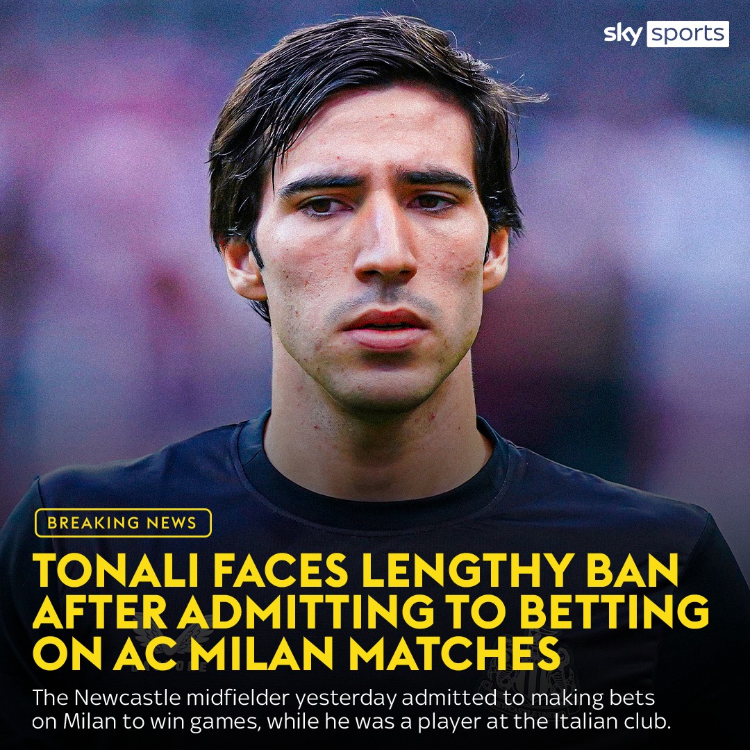 BREAKING: Sandro Tonali faces a lengthy ban from football after admitting to betting on AC Milan matches while a player at the club, according to Sky 🇮🇹