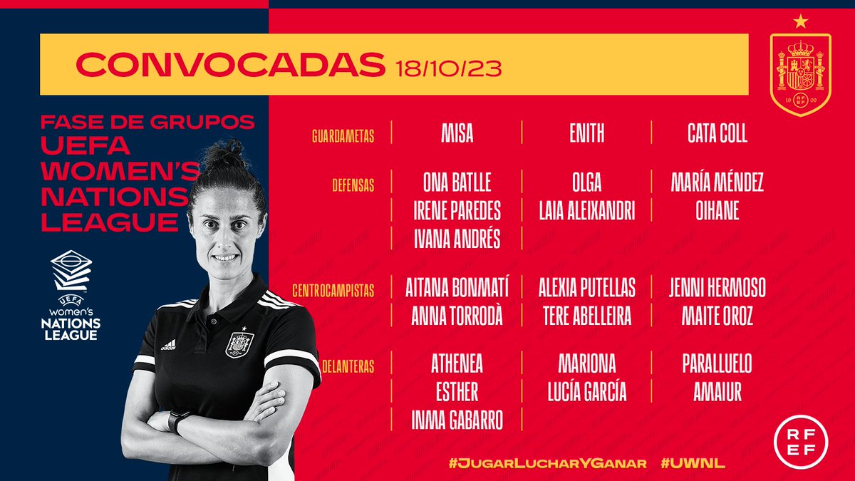 ⭐️ ¡𝗡𝗨𝗘𝗩𝗔 𝗟𝗜𝗦𝗧𝗔 PARA LOS PRÓXIMOS DUELOS! 🙌 La Selección Española Femenina de Fútbol se medirá a Italia y a Suiza en la #UWNL. ✈️ Ambos duelos se disputarán a domicilio. #JugarLucharyGanar
