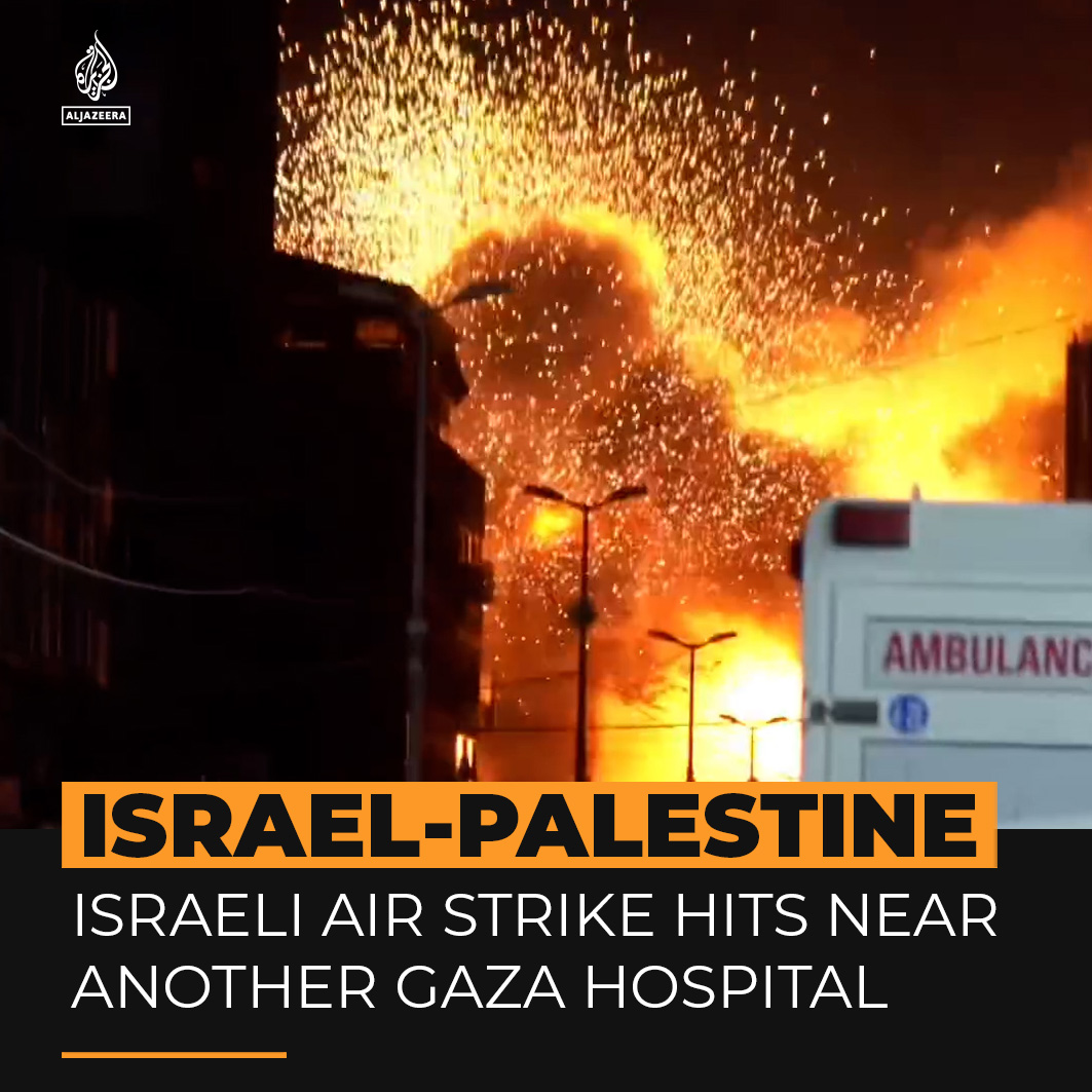 Video released by the Red Crescent shows the moment an Israeli air attack pounds a building outside al-Quds Hospital in Gaza a day after the al-Ahli Arab Hospital attack that killed at least 500 Palestinians.