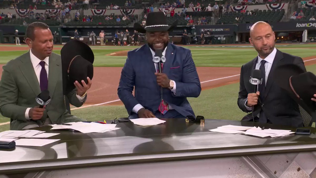 It's officially felt hat season in Texas 🤠😉 Kevin Burkhardt | Alex Rodriguez | David Ortiz | Derek Jeter
