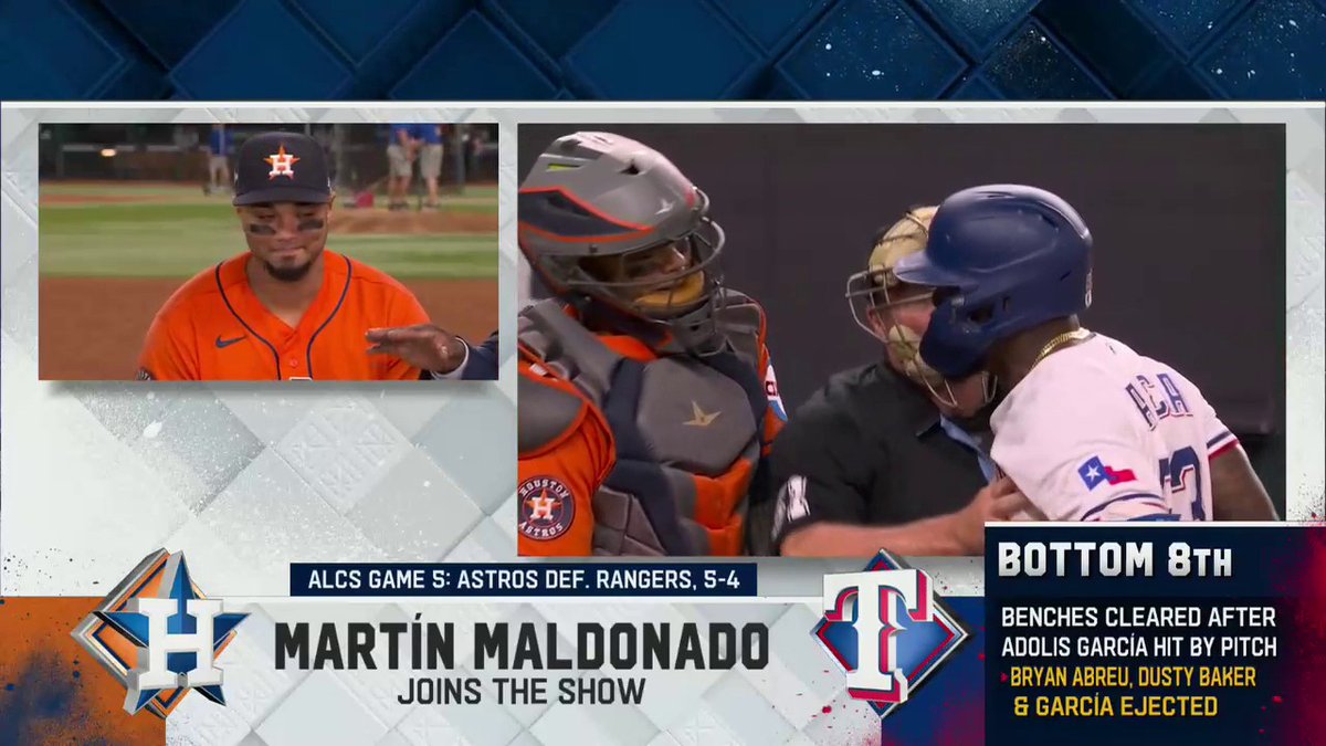 "The worst thing he did was wake up the Houston Astros." Martín Maldonado reacts to the exchange between himself and Adolis García as benches cleared in the 8th. Kevin Burkhardt | Alex Rodriguez | David Ortiz | Derek Jeter